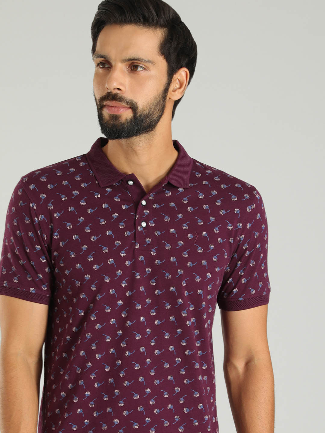 

Indian Terrain Floral Printed Polo Collar Cotton T-shirt, Purple