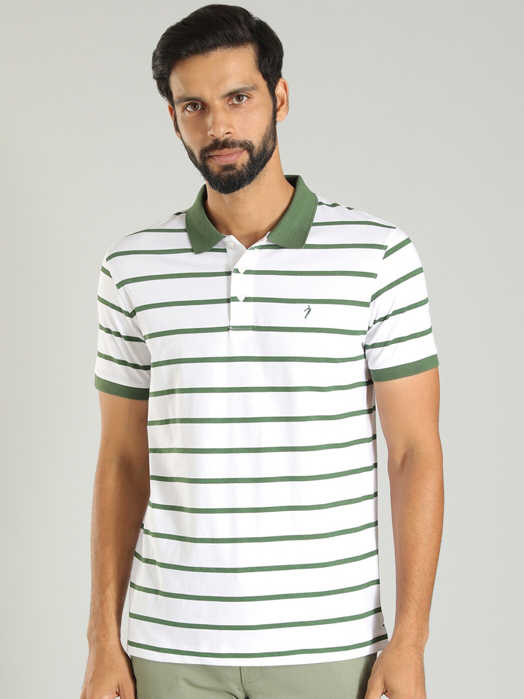 

Indian Terrain Regular Fit Striped Polo Collar Cotton T-shirt, Green