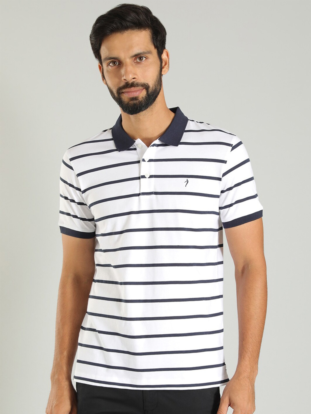 

Indian Terrain Regular Fit Striped Polo Collar Cotton T-shirt, Navy blue