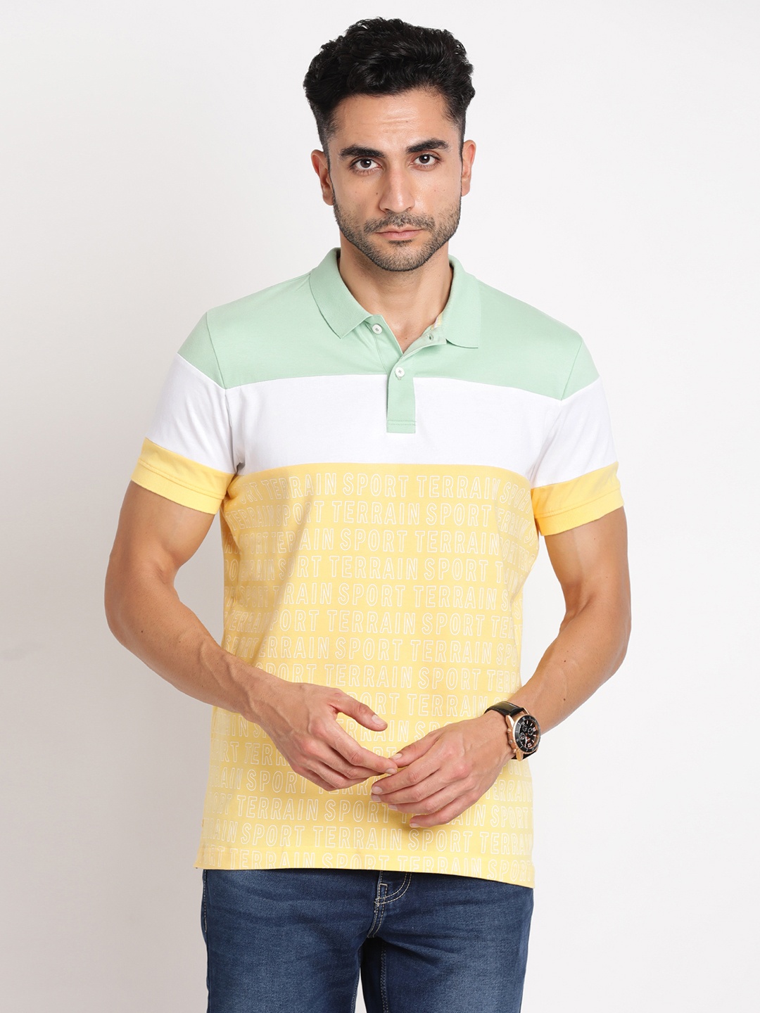 

Indian Terrain Colourblocked Polo Collar Pure Cotton T-Shirt, Yellow