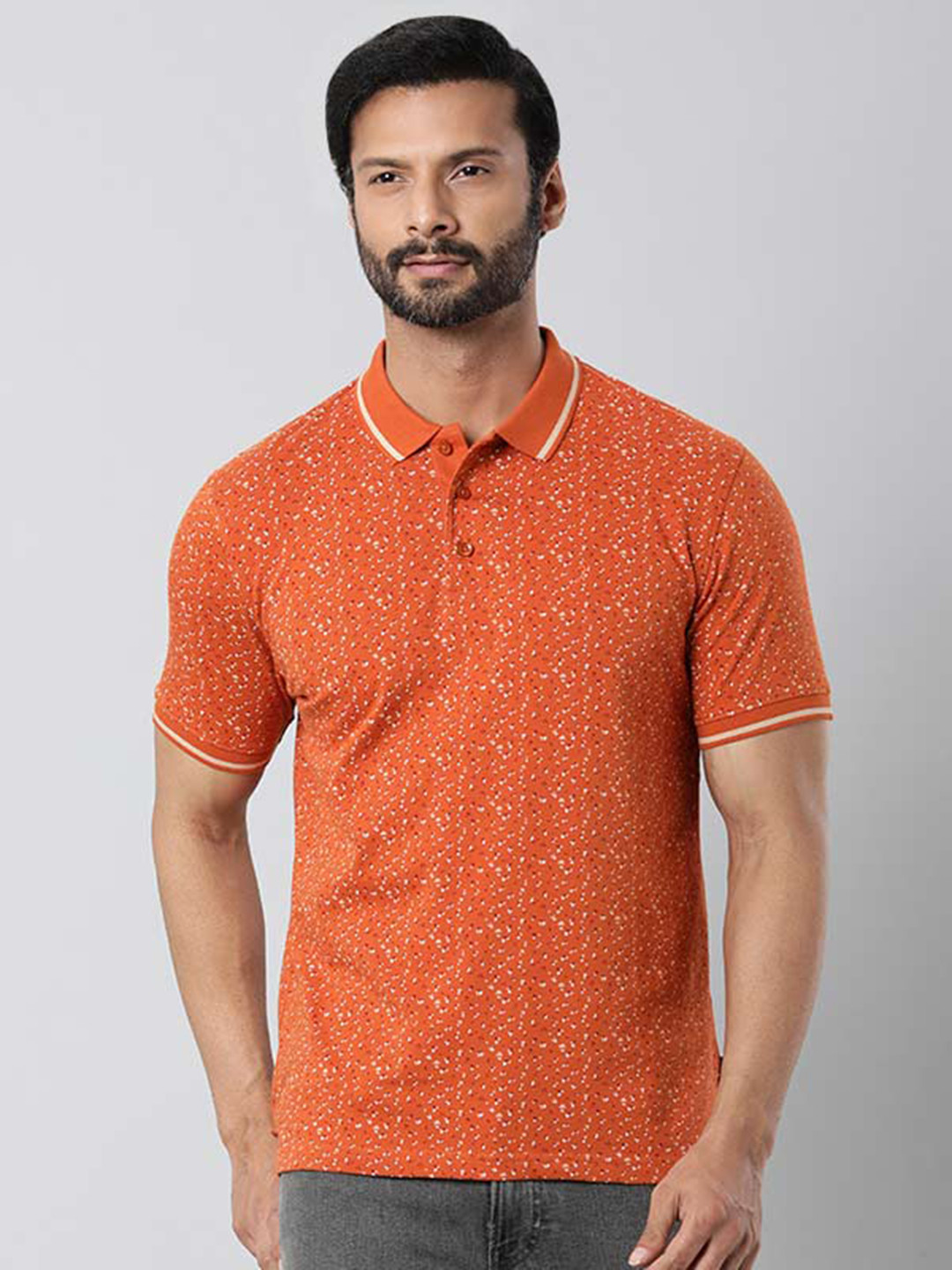 

Indian Terrain Micro Ditsy Printed Polo Collar Pure Cotton T-Shirt, Orange
