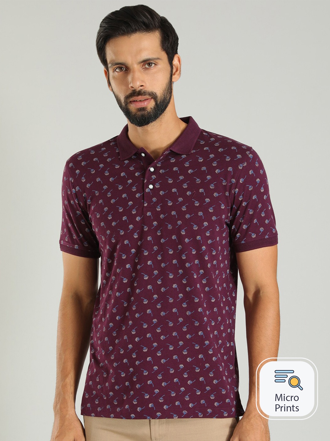 

Indian Terrain Regular Fit Floral Printed Polo Collar Cotton T-shirt, Purple