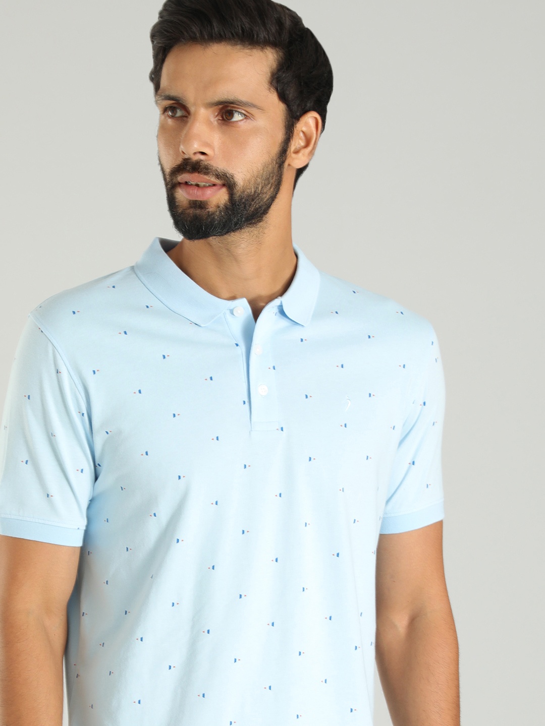 

Indian Terrain Micro Ditsy Printed Polo Collar Pure Cotton T-shirt, Blue