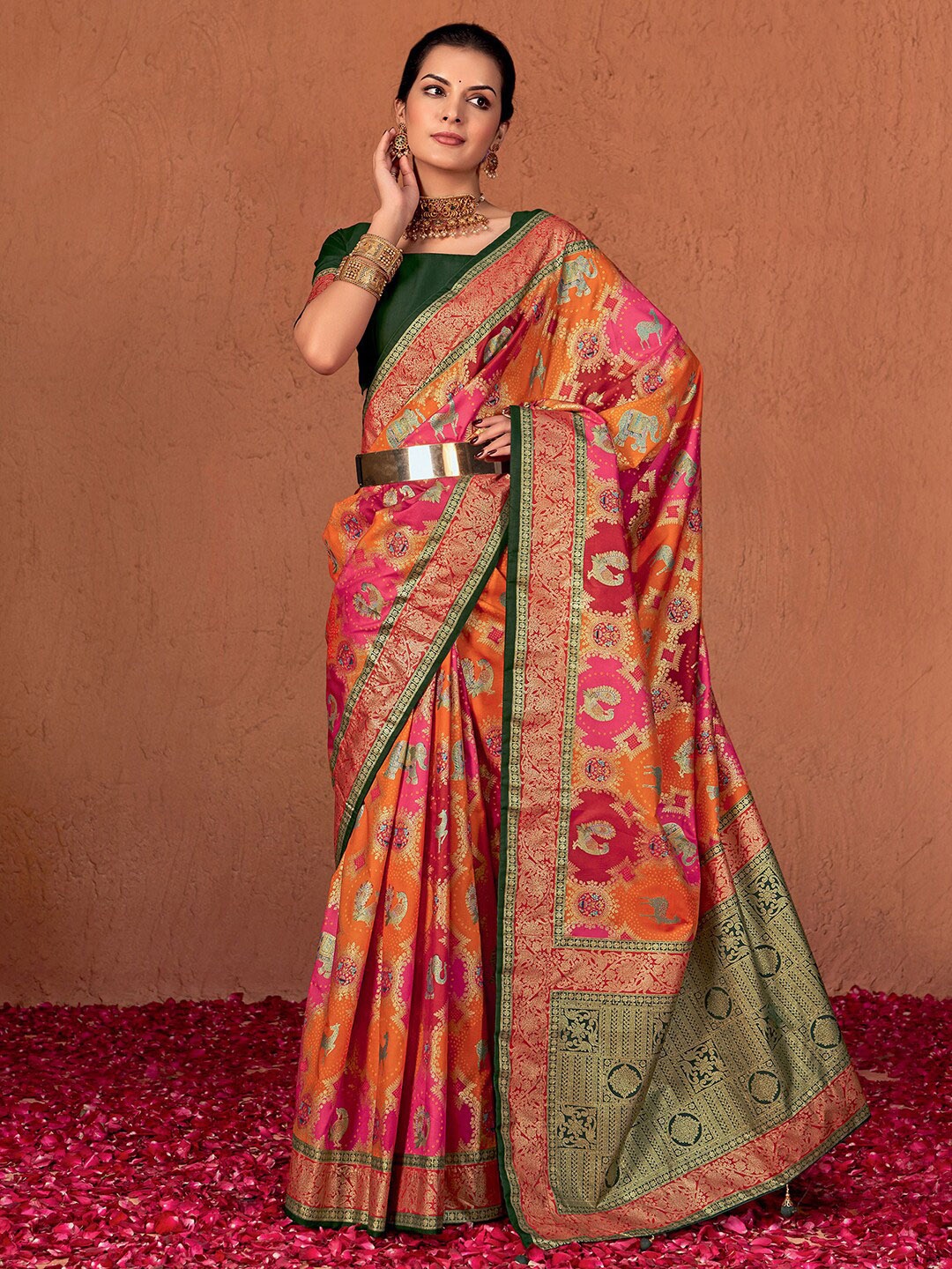 

Satrani Ethnic Motifs Printed Zari Pure Silk Banarasi Saree, Orange