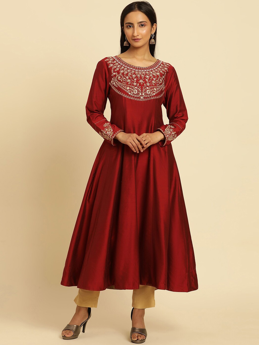 

W Embroidered Yoke Design Flared Sleeves Thread Work Anarkali Kurta, Red