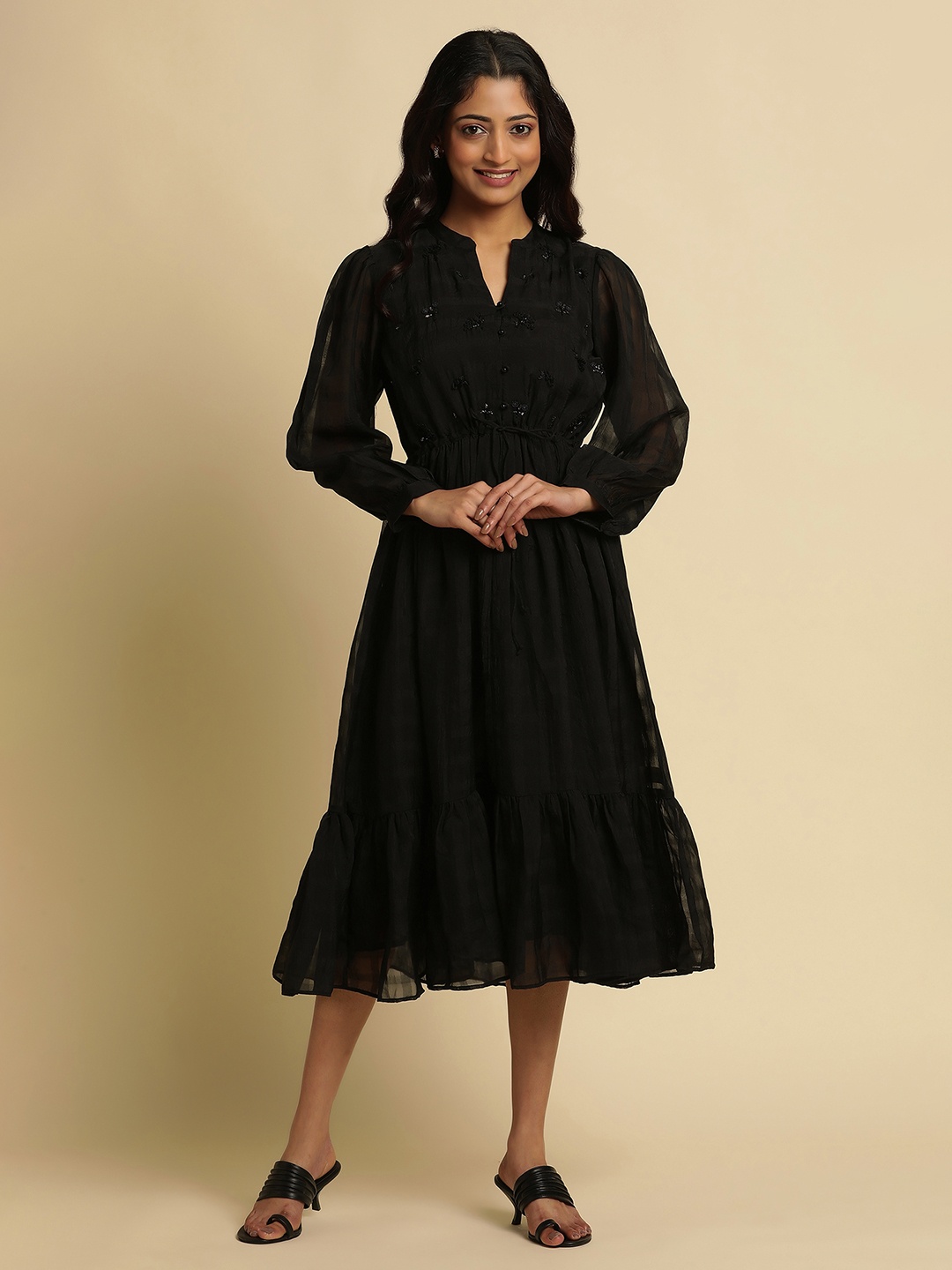 

W Puff Sleeve V-Neck Georgette A-Line Midi Dress, Black