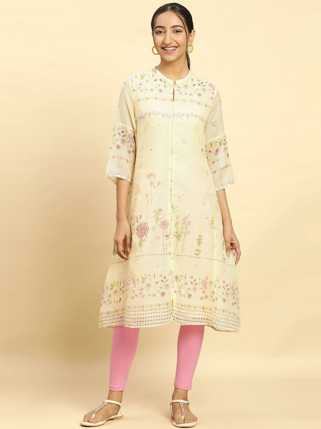 

W Yellow Floral Woven Design Keyhole Neck A-Line Kurta