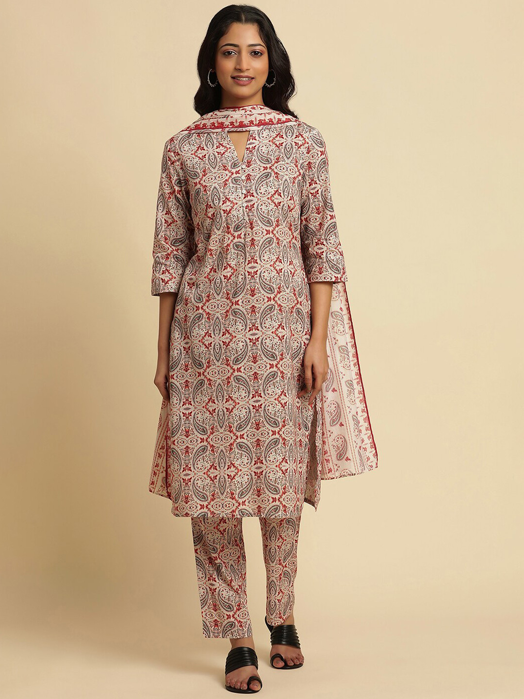 

W Beige Paisley Printed Mandarin Collar Pure Cotton Straight Kurta With Trousers & Dupatta