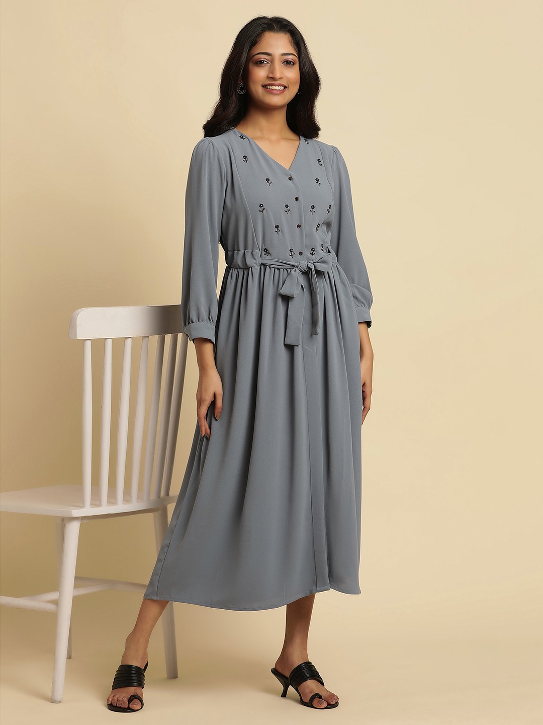 

W Long Sleeves V-Neck Georgette A-Line Midi Dress, Blue