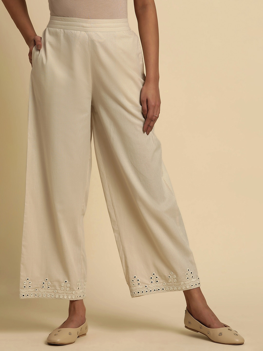 

W Women Mid-Rise Pure Cotton Ethnic Parallel Trousers, White