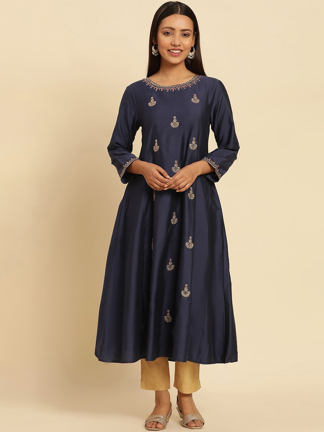 

W Ethnic Motifs Embroidered Regular Sleeves Sequins Kurta, Blue