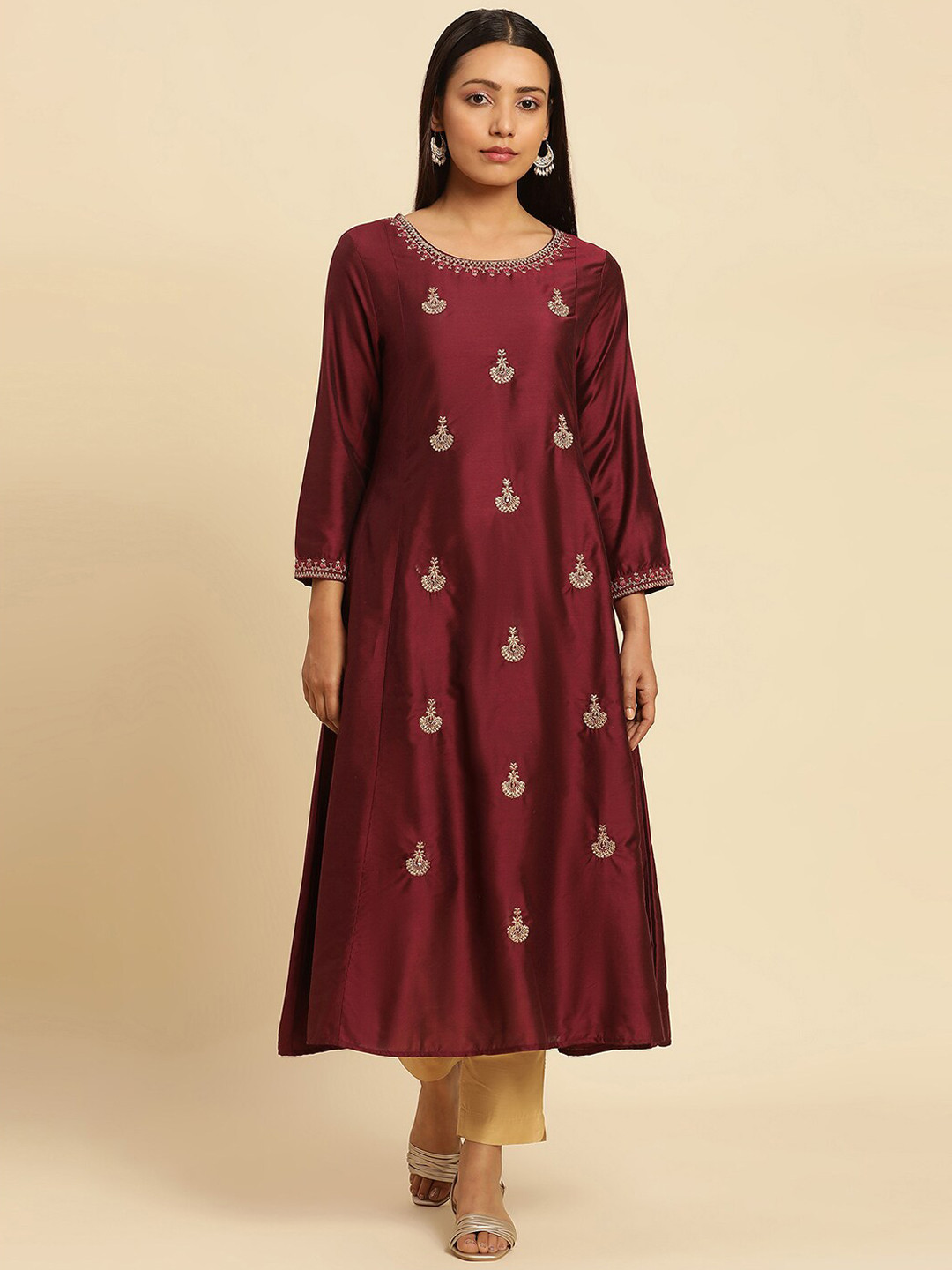 

W Red Ethnic Motifs Zari Embroidered Round Neck Anarkali Kurta