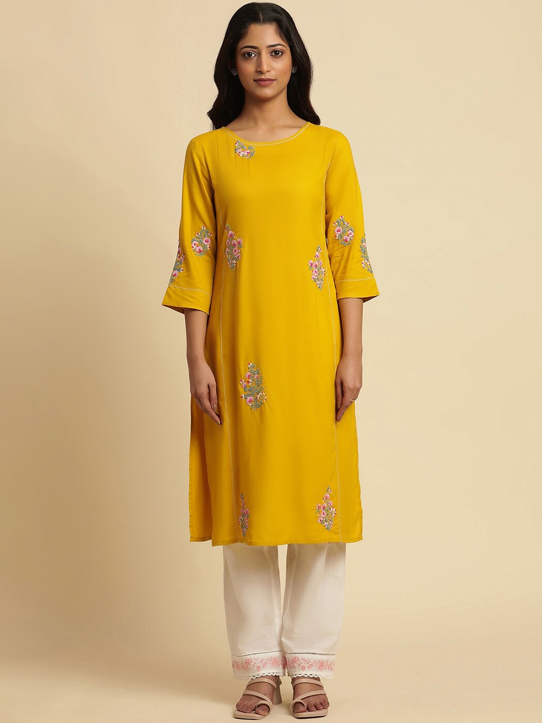 

W Yellow Floral Embroidered Straight Kurta