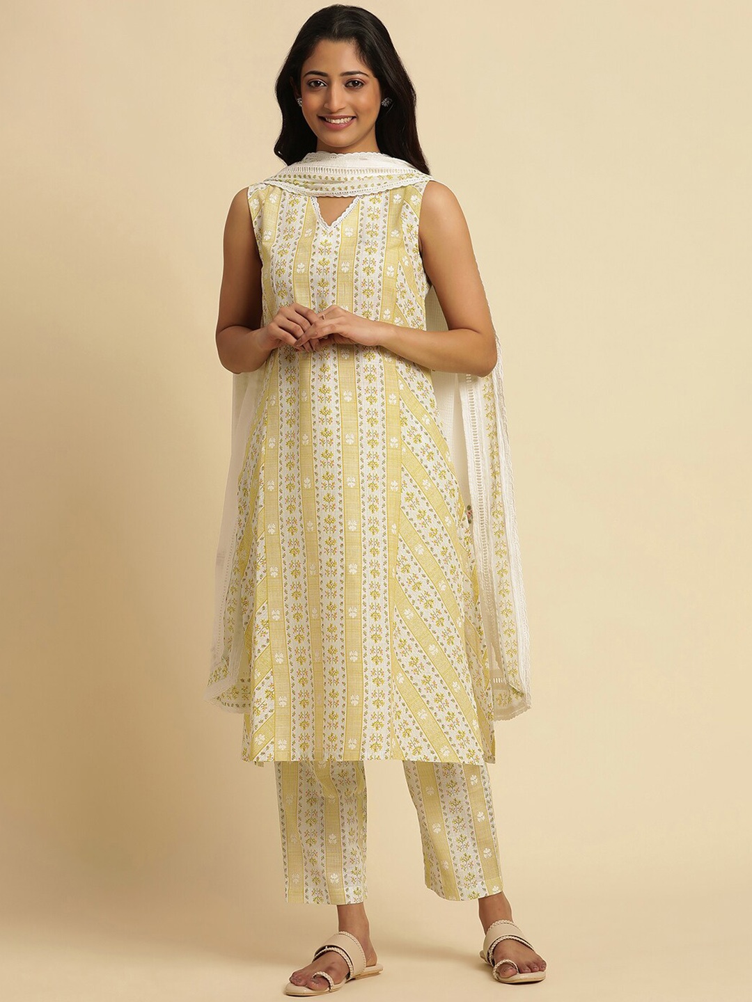 

W Yellow Floral Printed Pure Cotton Straight Kurta With Trousers & Dupatta