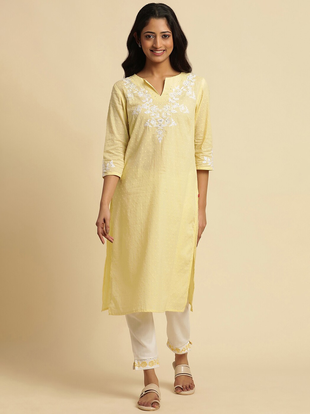 

W Ethnic Motifs Embroidered Yoke Design Regular Sleeves Thread Work Kurta, Yellow