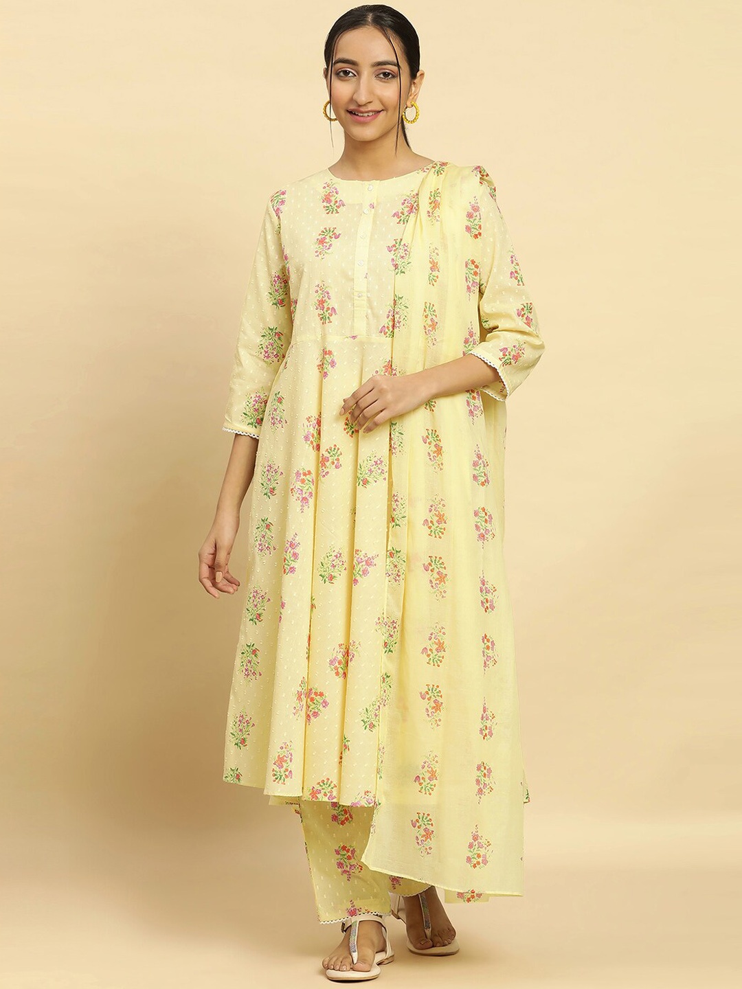 

W Floral Printed Regular Round Neck Pure Cotton Anarkali Kurta with Trousers & Dupatta, Yellow