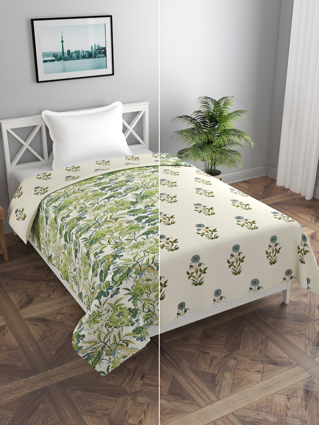 

BREVARD Off White & Green Floral Printed Single Duvet Cover