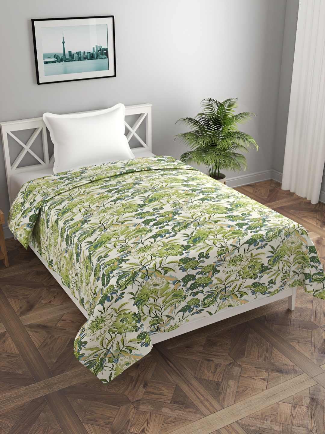 

BREVARD Off White & Green Floral Printed Single Duvet Cover