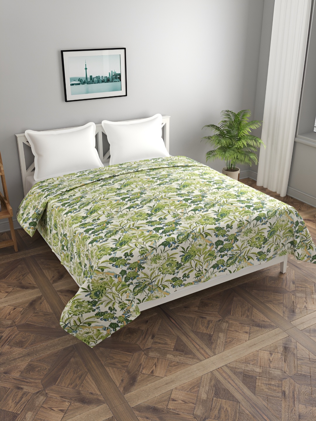 

BREVARD Off White & Green Floral Printed Double Queen Duvet Cover