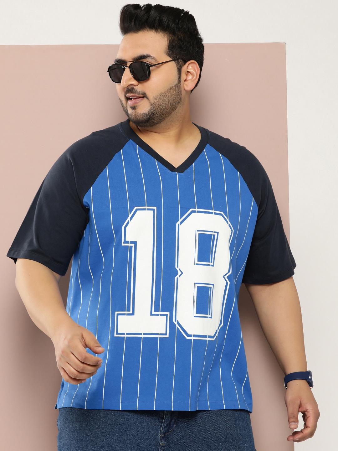 

Sztori Men Plus Size Typography Printed V-Neck Relaxed Fit T-shirt, Blue