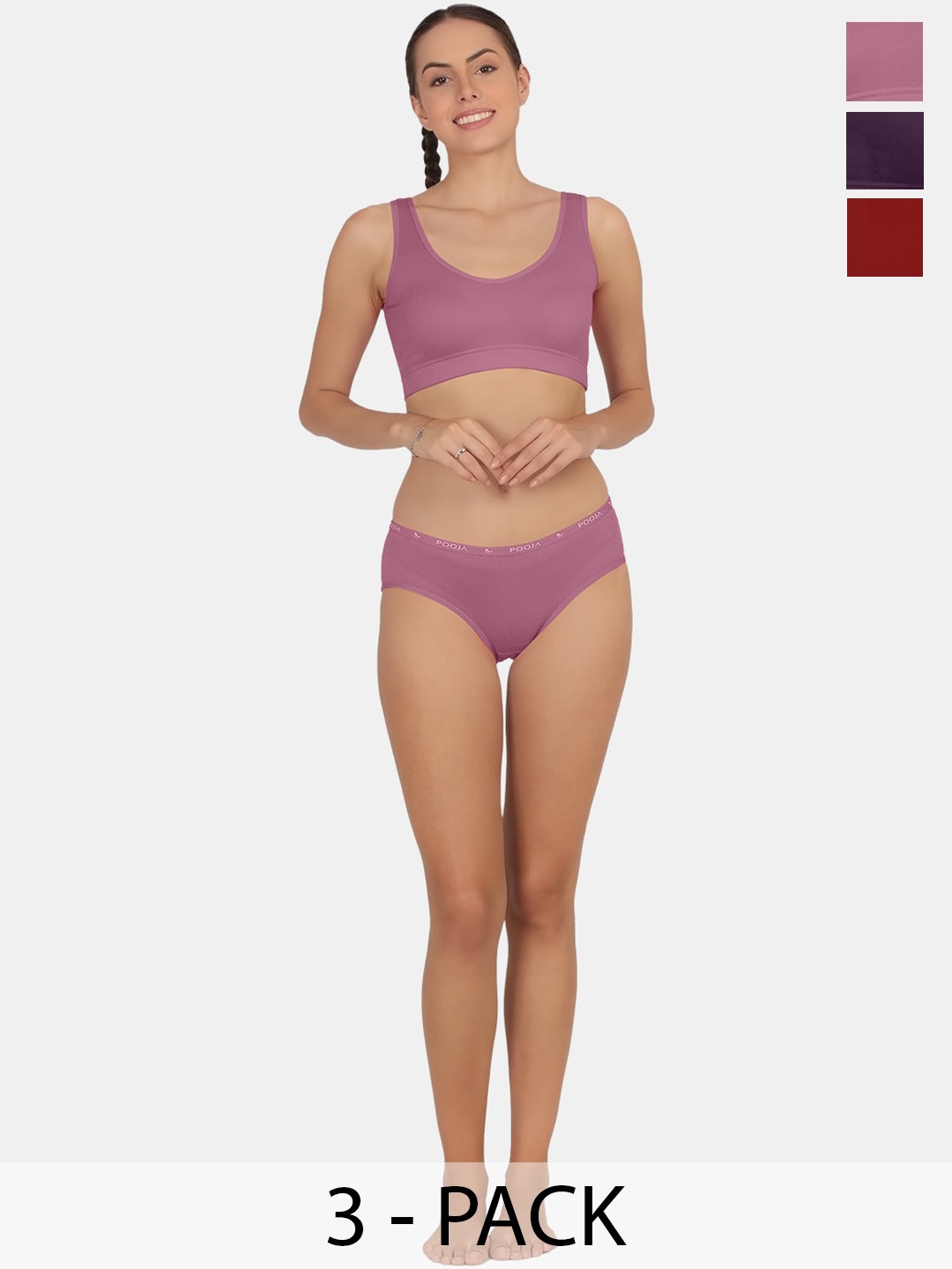 

POOJA RAGENEE Pack Of 3 Cotton Sports Brief Lingerie Set, Maroon
