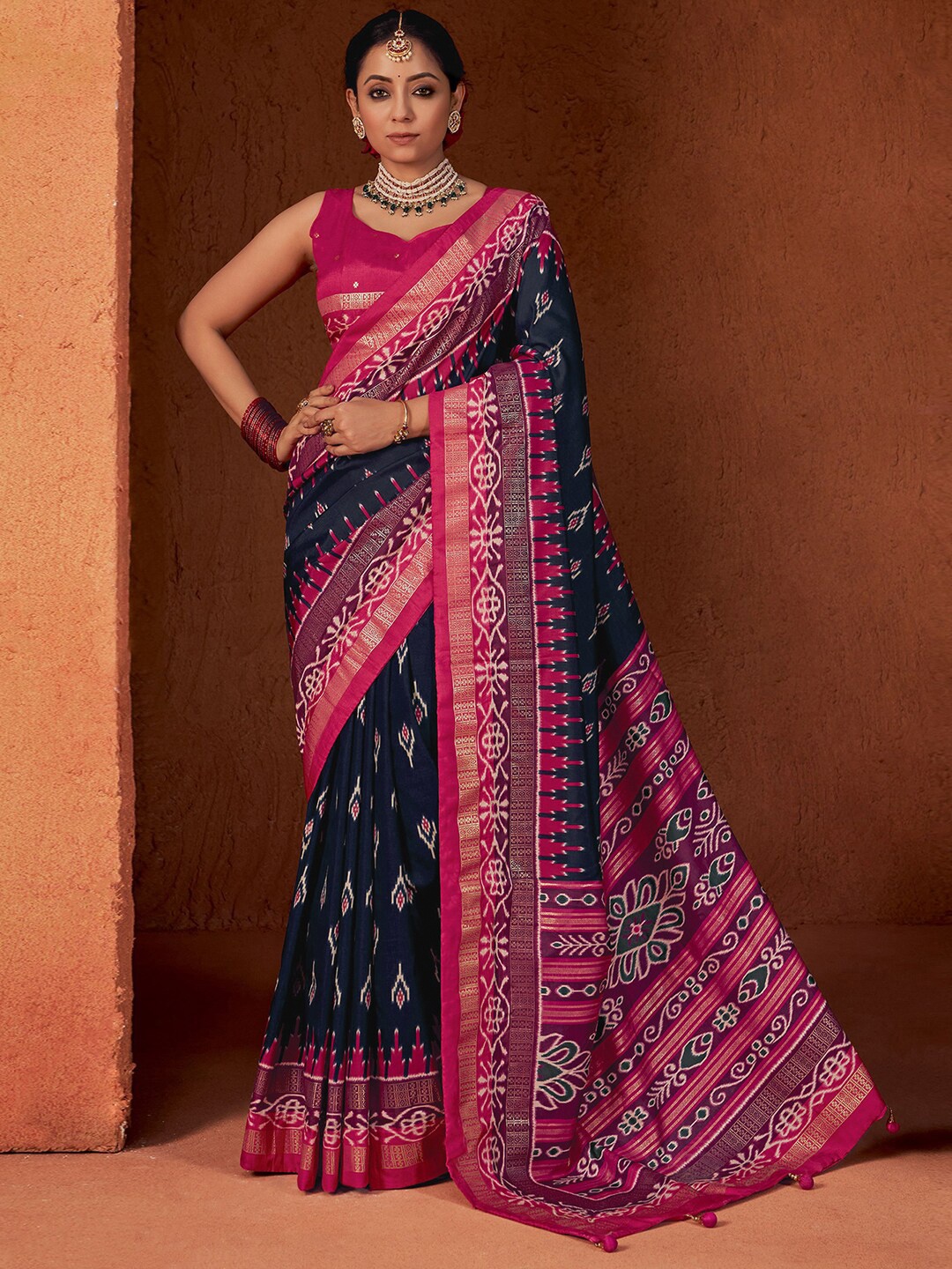 

Satrani Ethnic Motifs Printed Zari Pure Silk Pochampally Saree, Blue