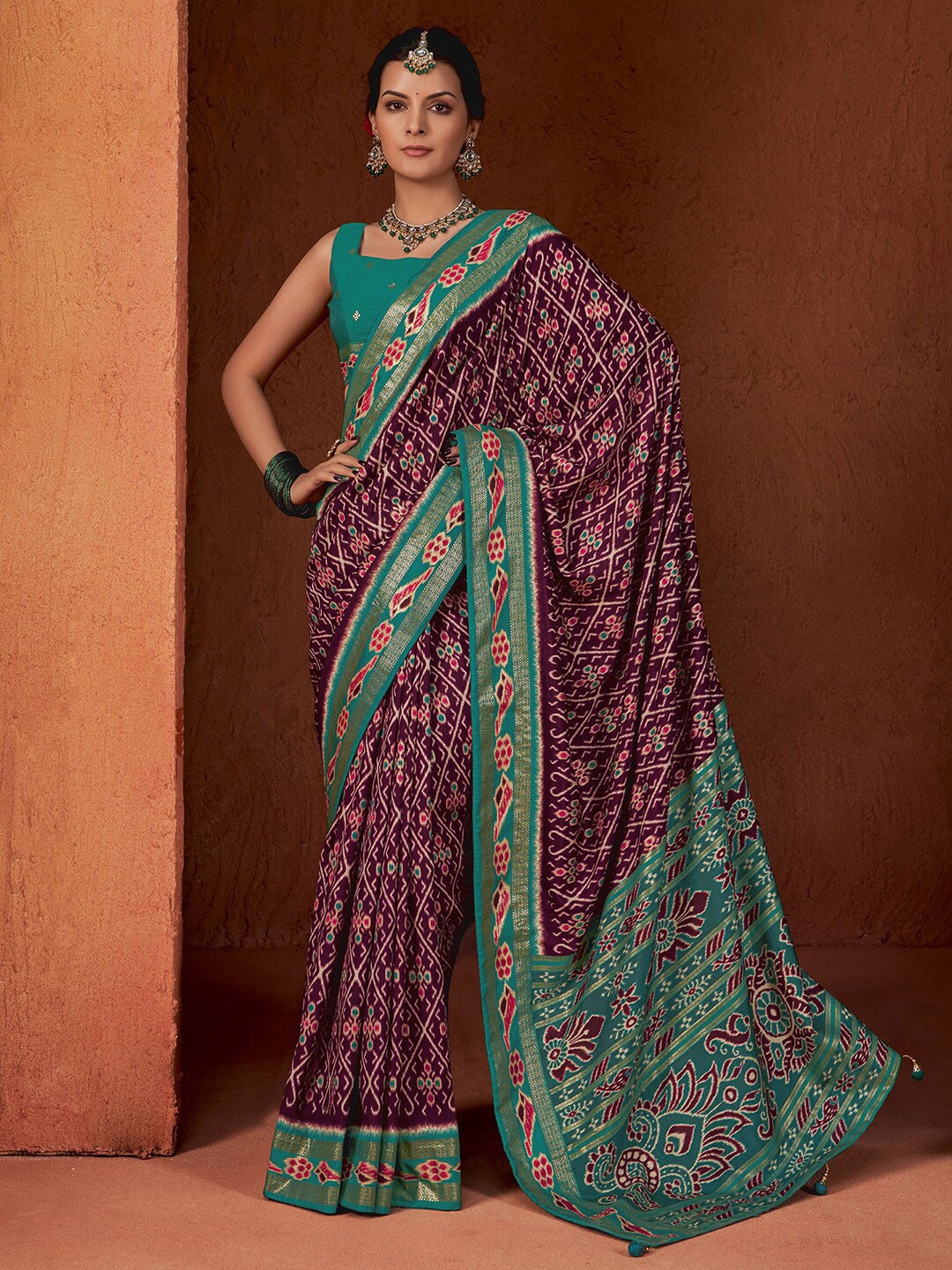 

Satrani Geometric Printed Zari Pure Silk Pochampally Saree, Purple