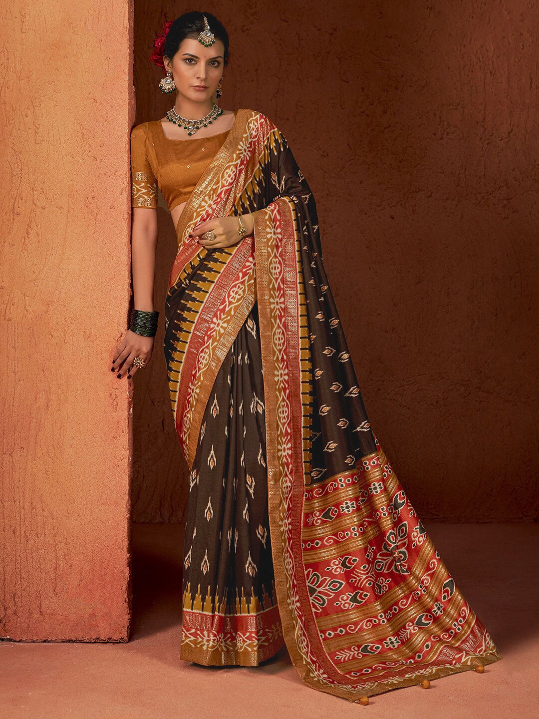 

Satrani Ethnic Motifs Printed Zari Pure Silk Pochampally Saree, Brown