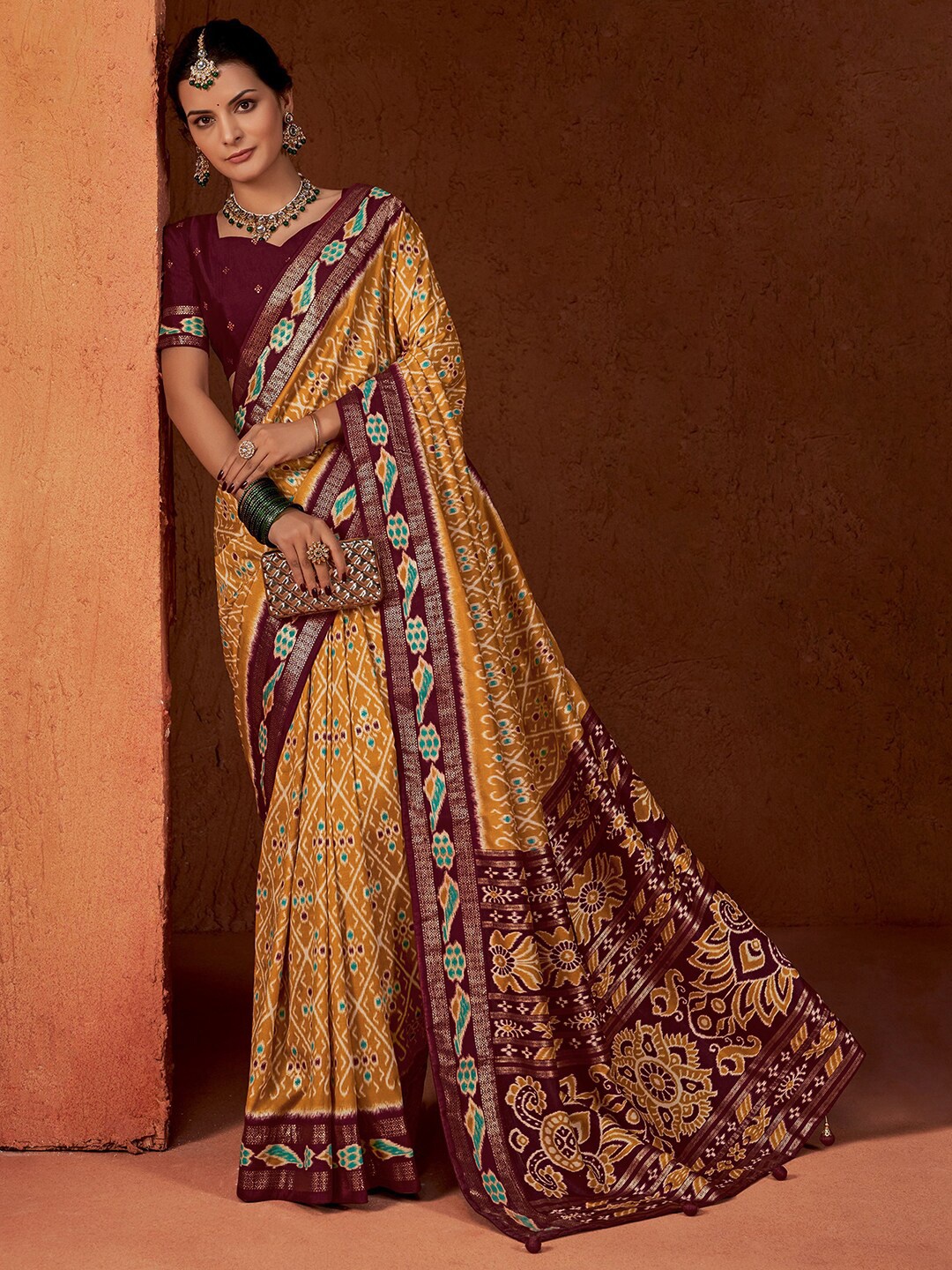 

Satrani Ethnic Motifs Printed Zari Pure Silk Pochampally Saree, Yellow
