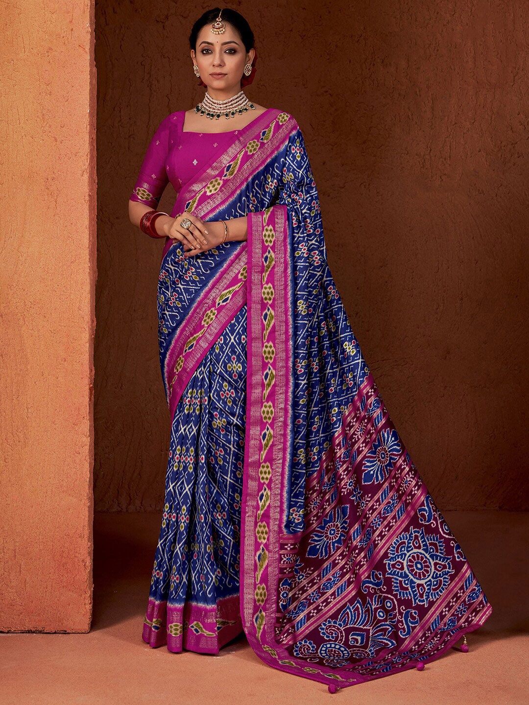 

Satrani Ethnic Motifs Printed Pure Silk Pochampally Saree, Blue