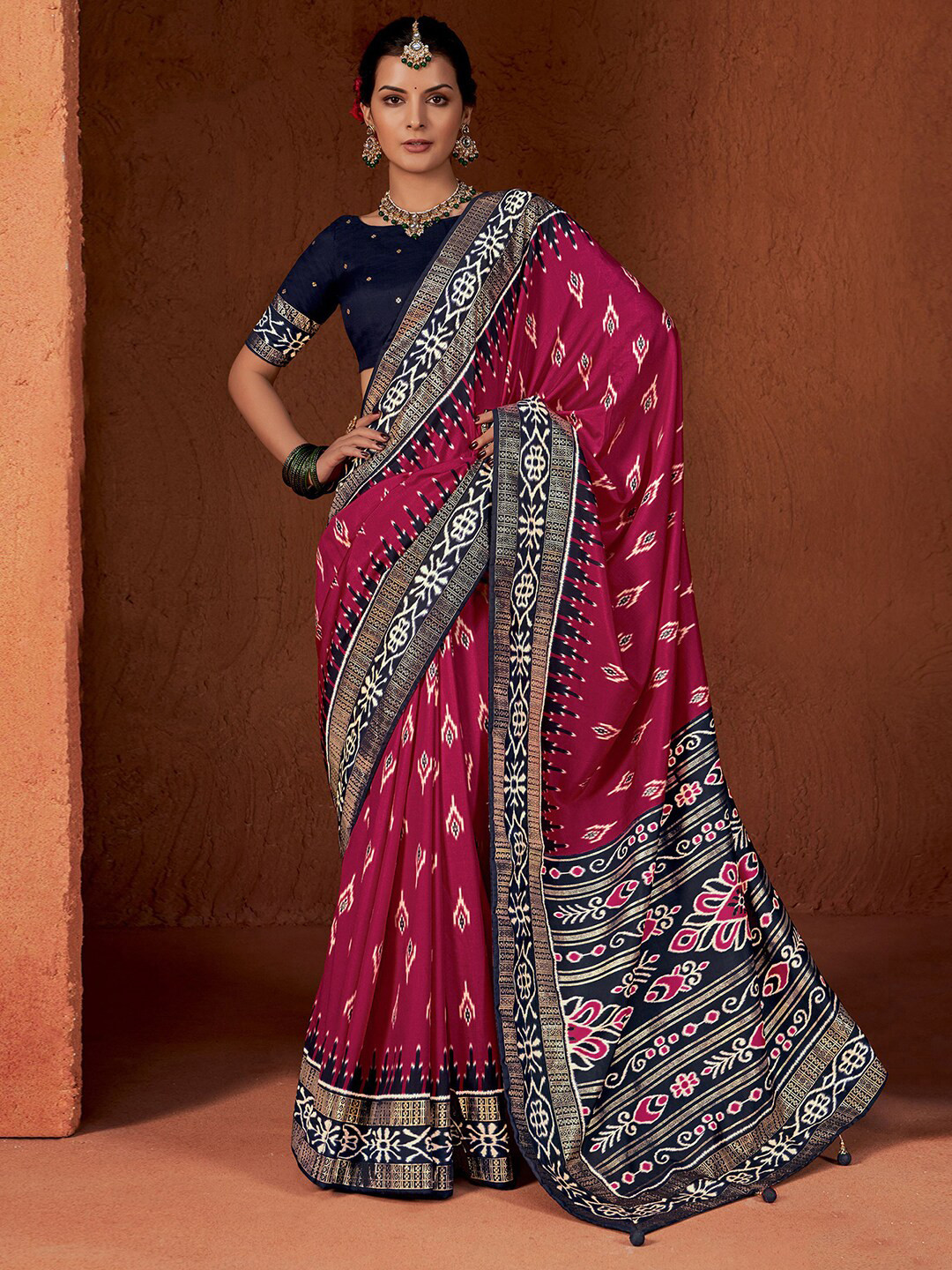 

Satrani Ethnic Motifs Printed Pure Silk Pochampally Saree, Pink