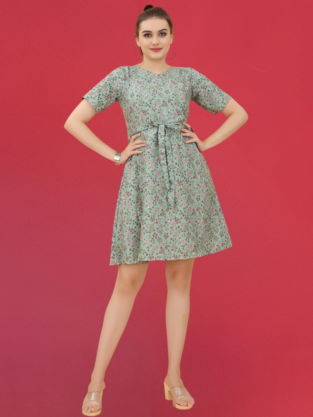 

MAGMINA Floral Printed Tie-Ups A-Line Dress, Green
