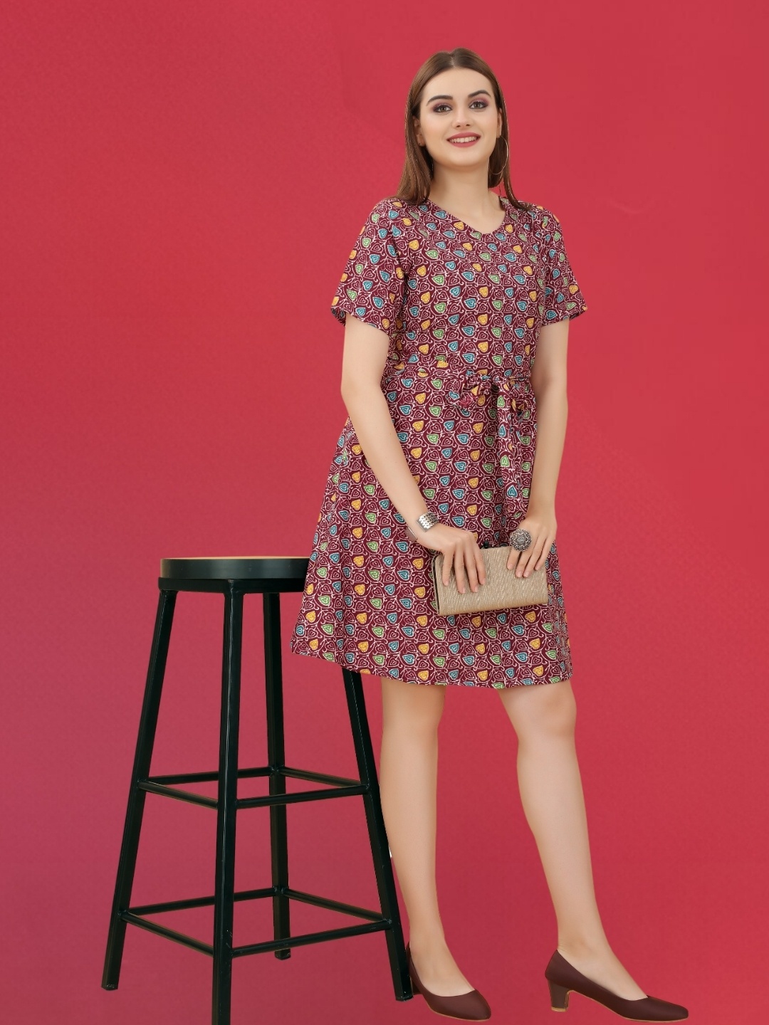 

MAGMINA Ethnic Motifs Printed Tie-Ups A-Line Dress, Maroon