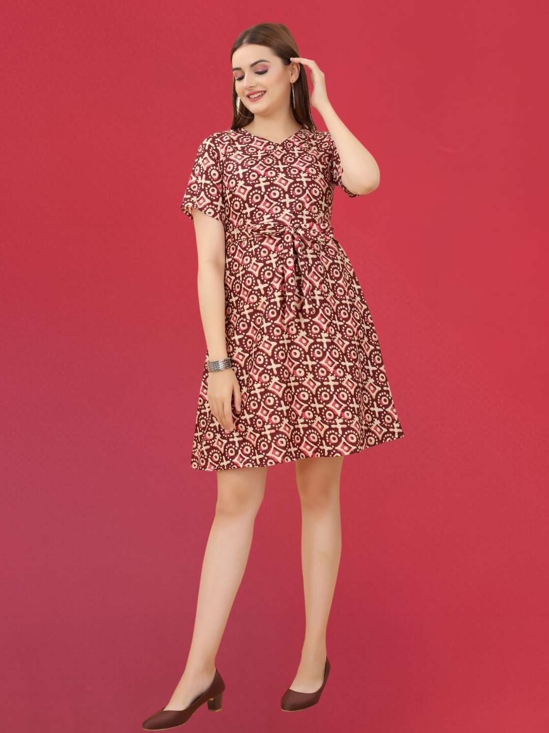 

MAGMINA Geometric Printed A-Line Dress, Maroon