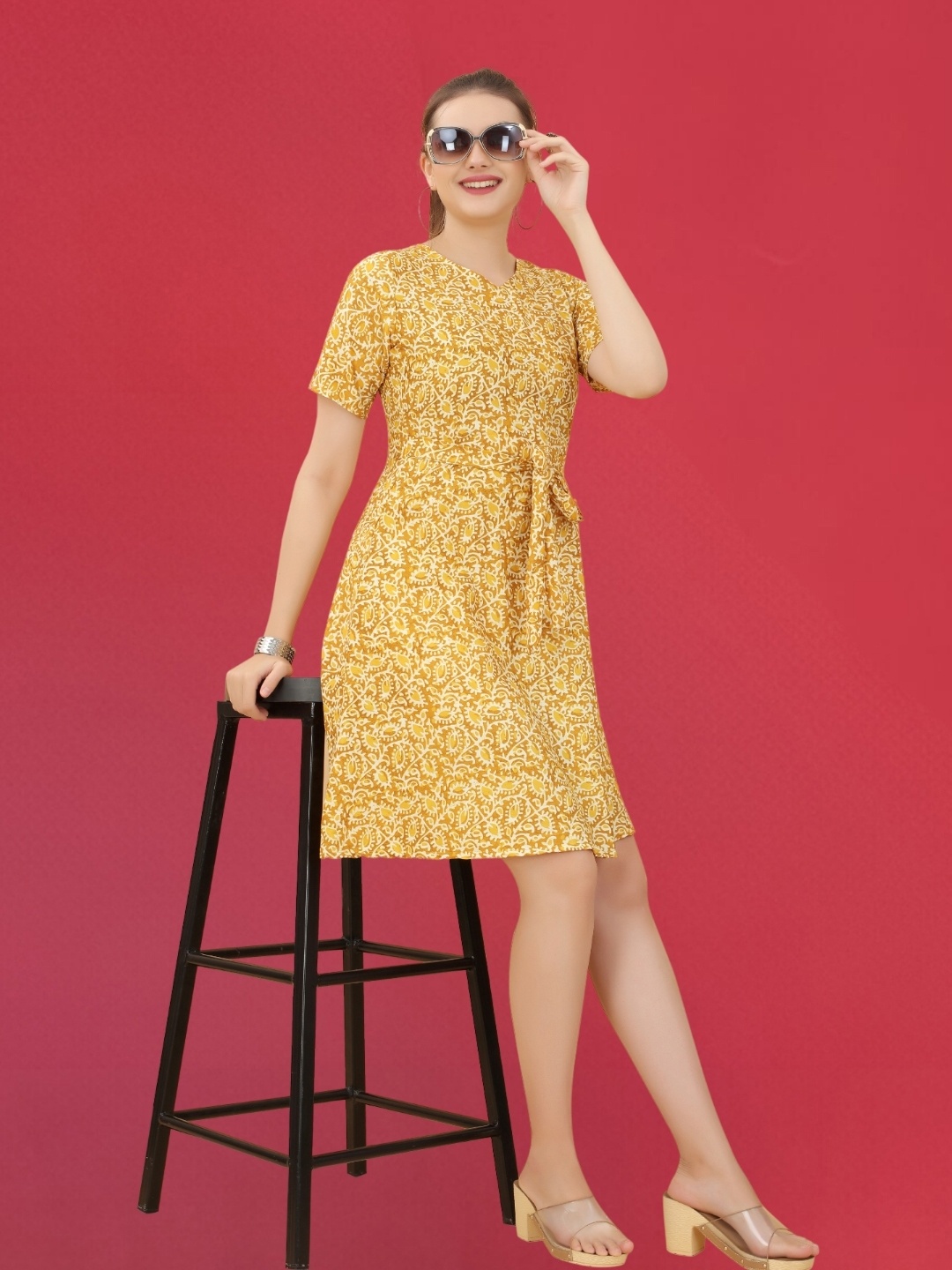 

MAGMINA Floral Printed A-Line Dress, Yellow