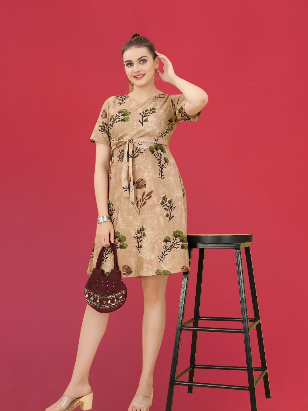 

MAGMINA Floral Printed A-Line Dress, Brown