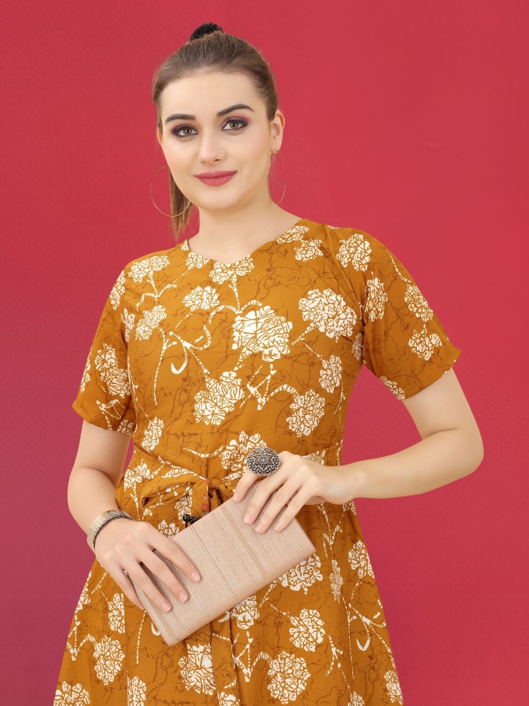 

MAGMINA Floral Printed A-Line Dress, Yellow