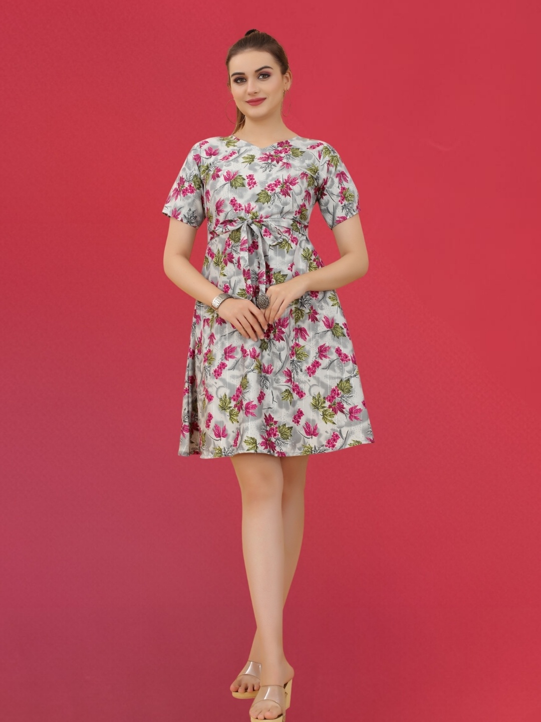 

MAGMINA Floral Printed Tie-Ups A-Line Dress, Beige