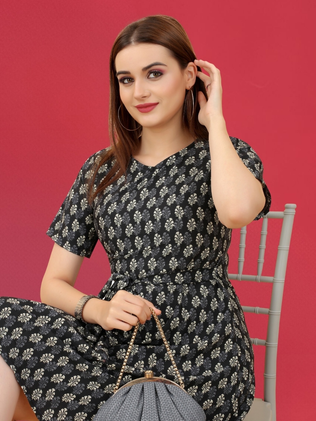 

MAGMINA Ethnic Motifs Printed Tie-Ups A-Line Dress, Black