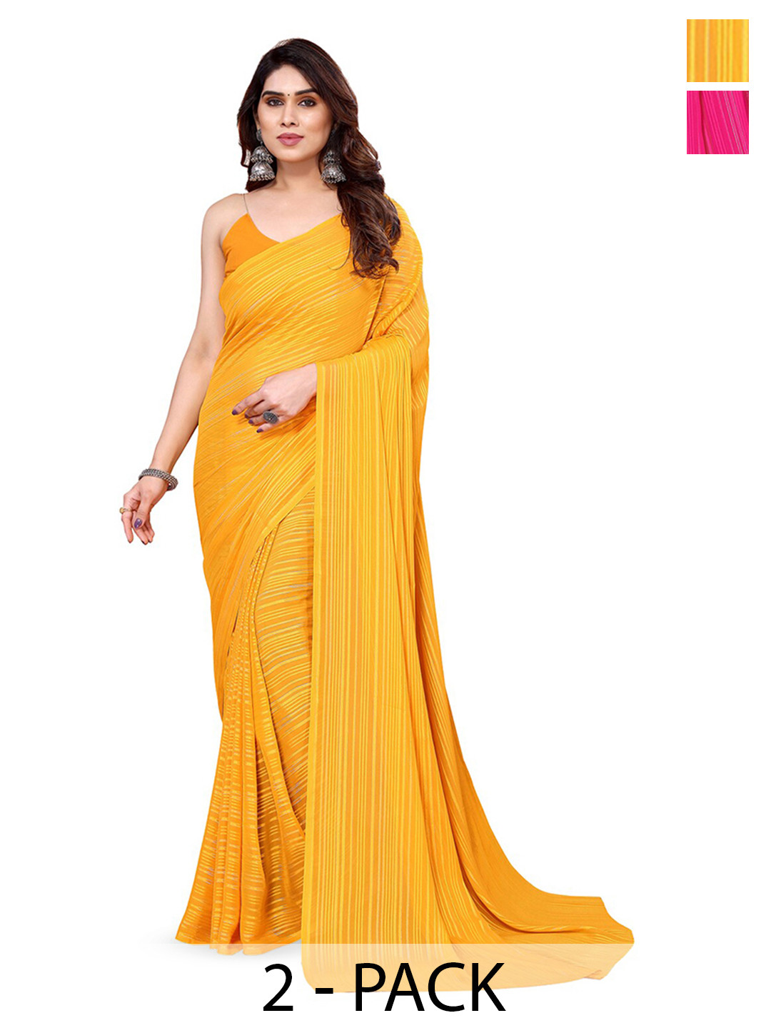 

ANAND SAREES Pack of 2 Striped Satin Saree, Pink