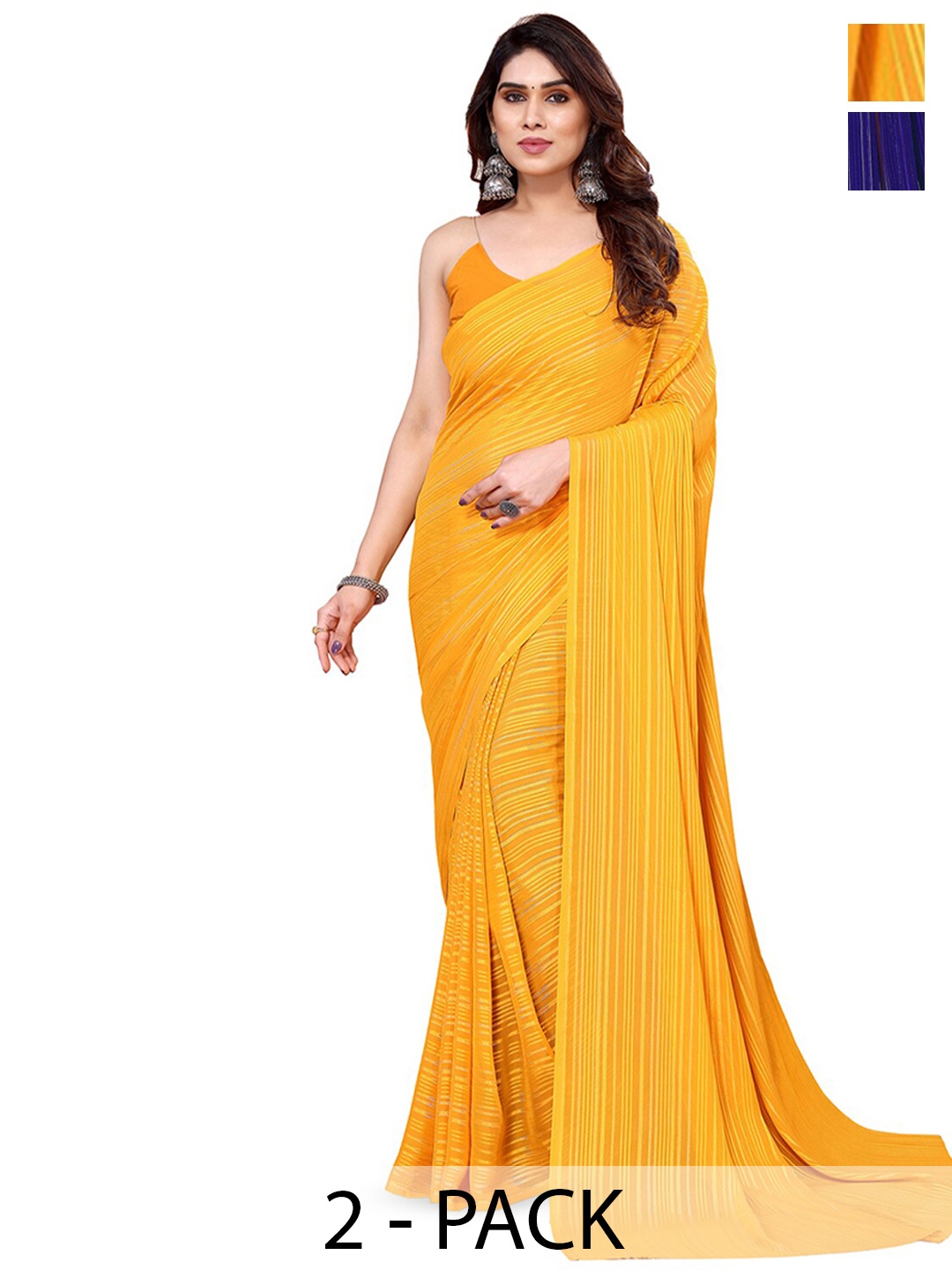 

ANAND SAREES Pack of 2 Striped Satin Saree, Blue