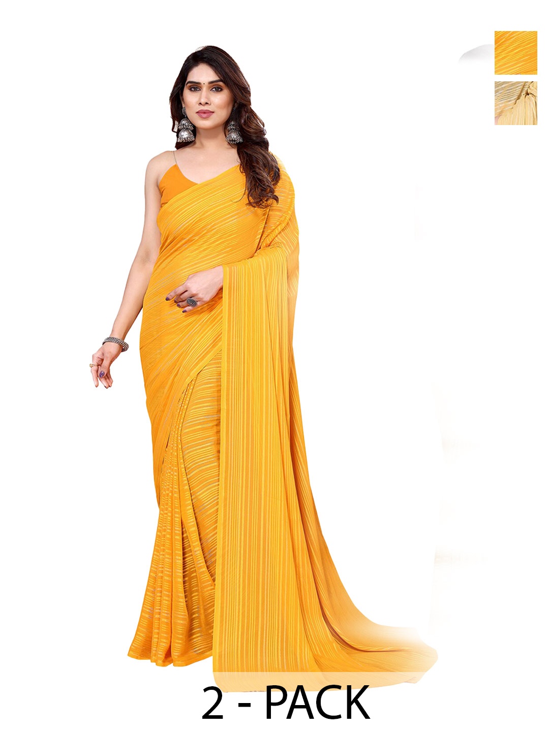 

ANAND SAREES Selection Of 2 Striped Satin Saree, Yellow