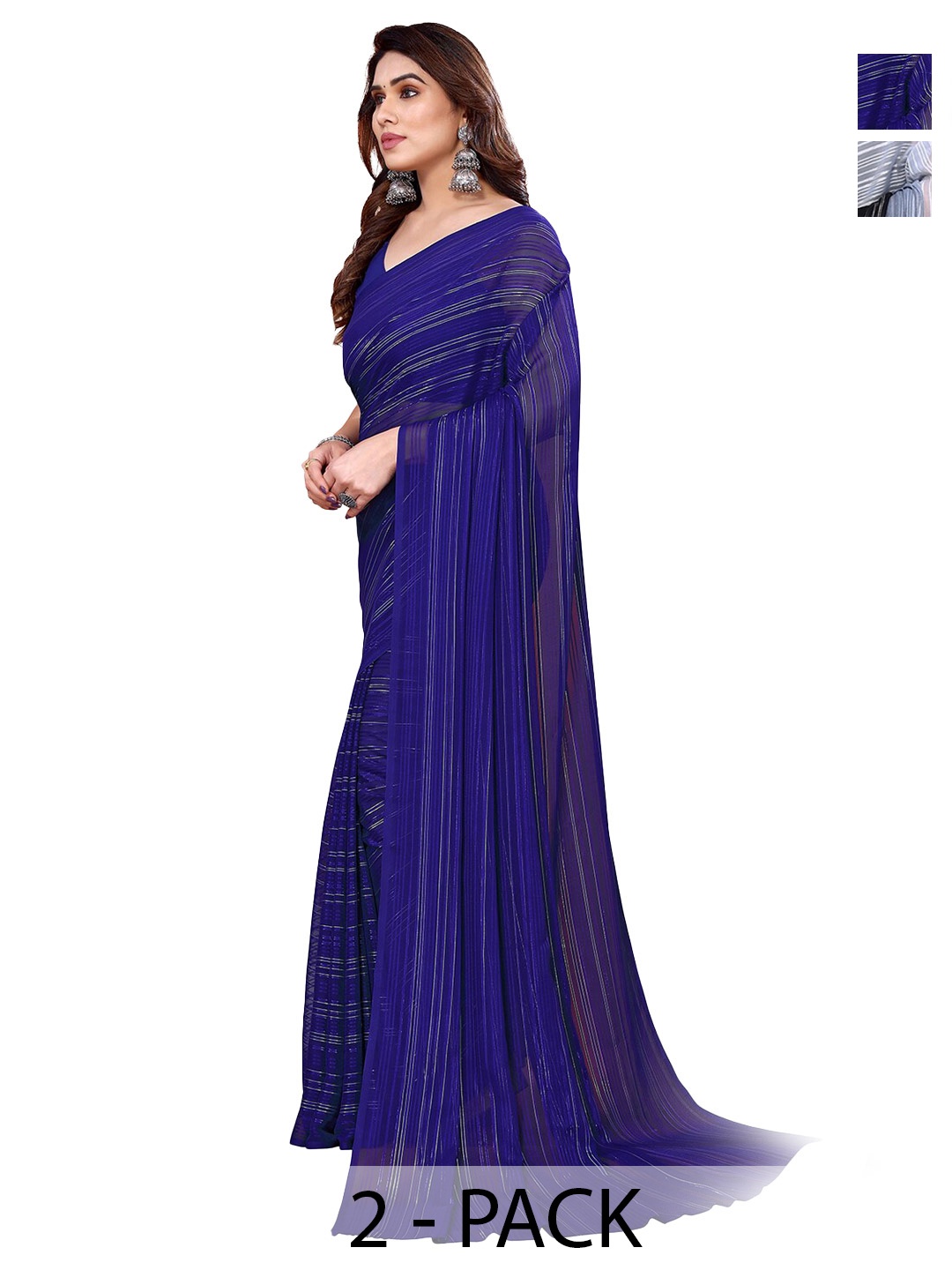 

ANAND SAREES Selection Of 2 Striped Satin Saree, Blue