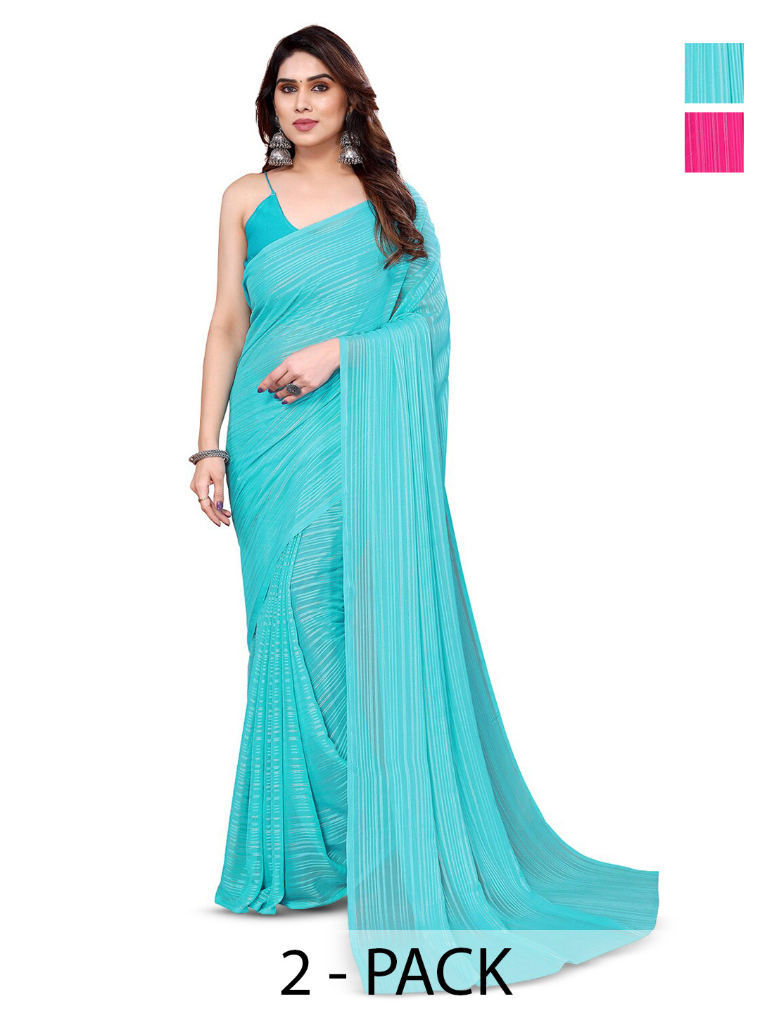 

ANAND SAREES Selection Of 2 Striped Printed Saree, Pink