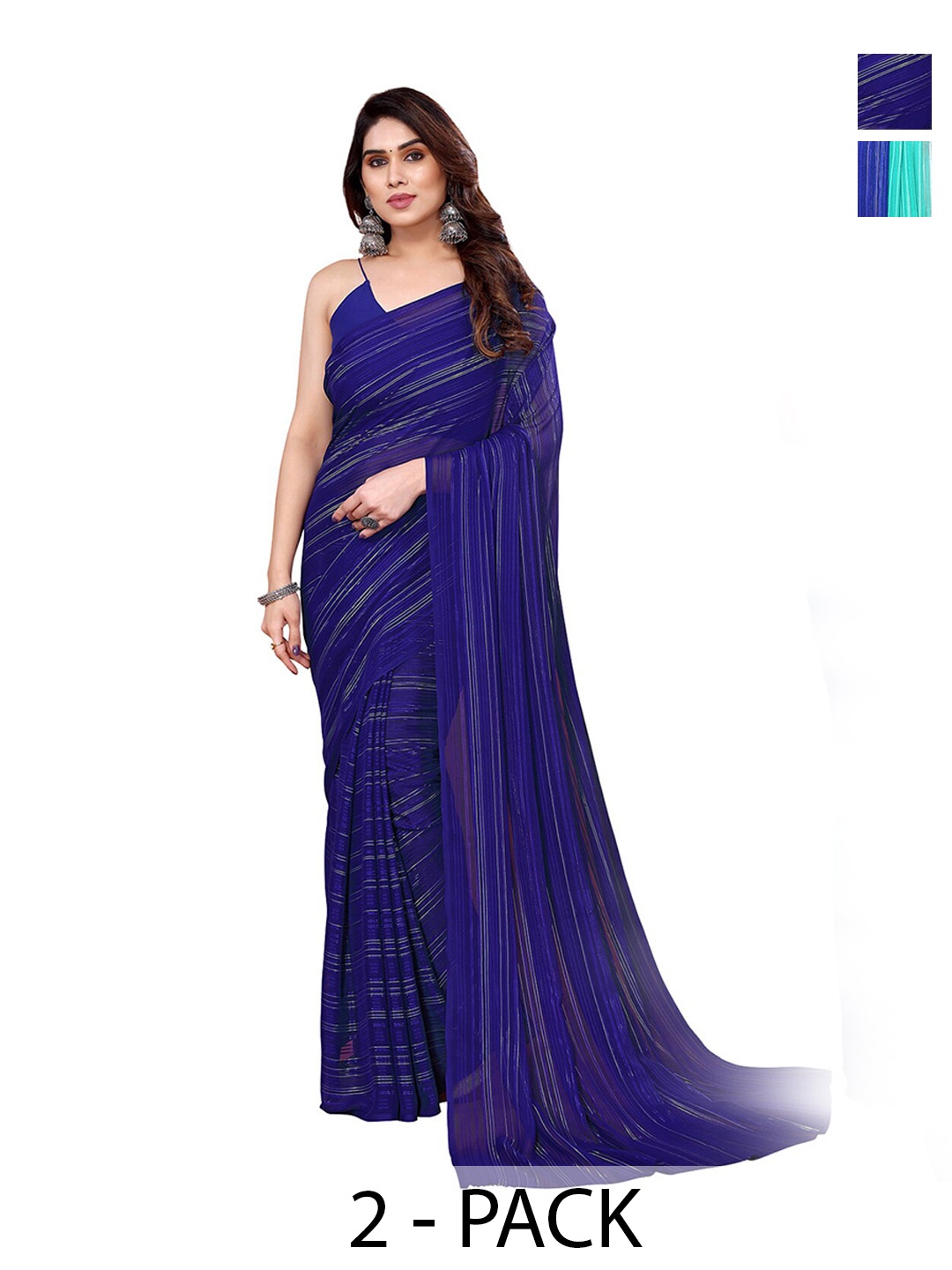 

ANAND SAREES Selection Of 2 Striped Satin Saree, Navy blue