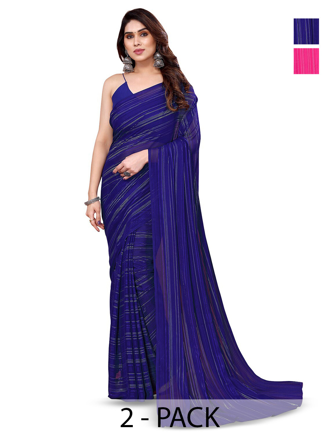 

ANAND SAREES Selection Of 2 Striped Printed Saree, Blue