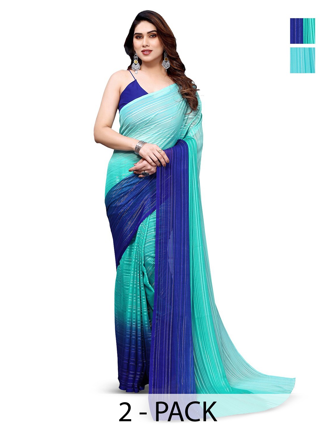 

ANAND SAREES Selection Of 2 Striped Printed Saree, Blue