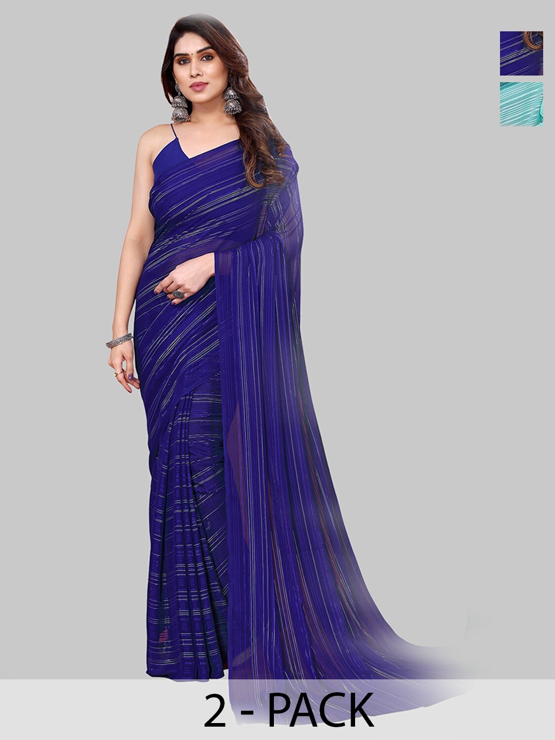 

ANAND SAREES Stripe Printed Satin Saree, Navy blue