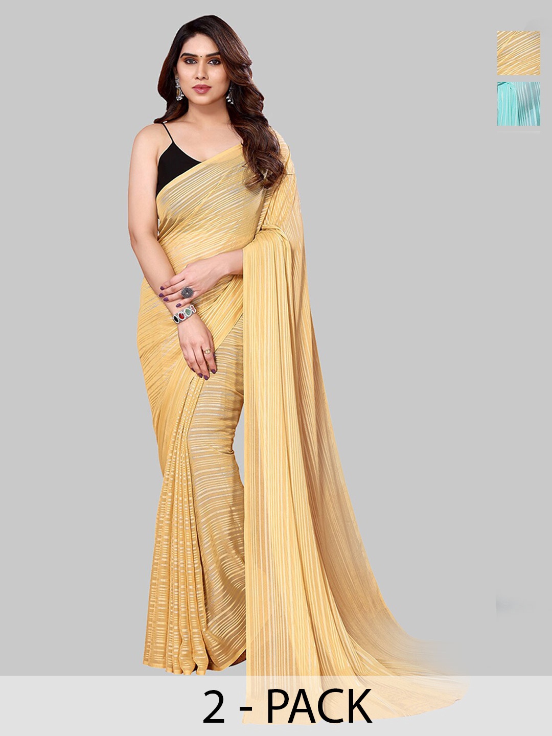 

ANAND SAREES Selection Of 2 Striped Satin Saree, Cream