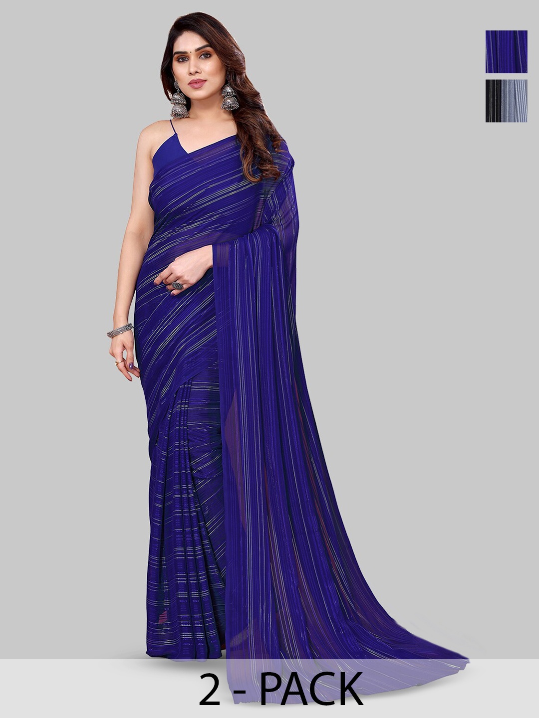 

ANAND SAREES Selection Of 2 Striped Printed Saree, Blue